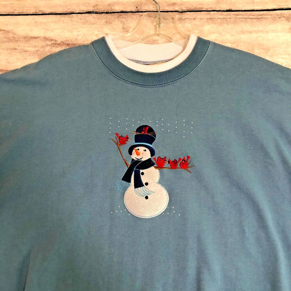 Vtg M&C Sportswear Christmas Sweatshirt L Glitter Snowman Red Cardinal Bird Cozy - Picture 3 of 10